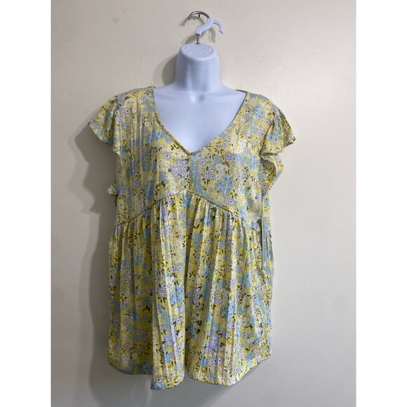 Absolutely Famous Tops - Absolutely Famous" Yellow & Blue Floral Top - Size Large Cottagecore